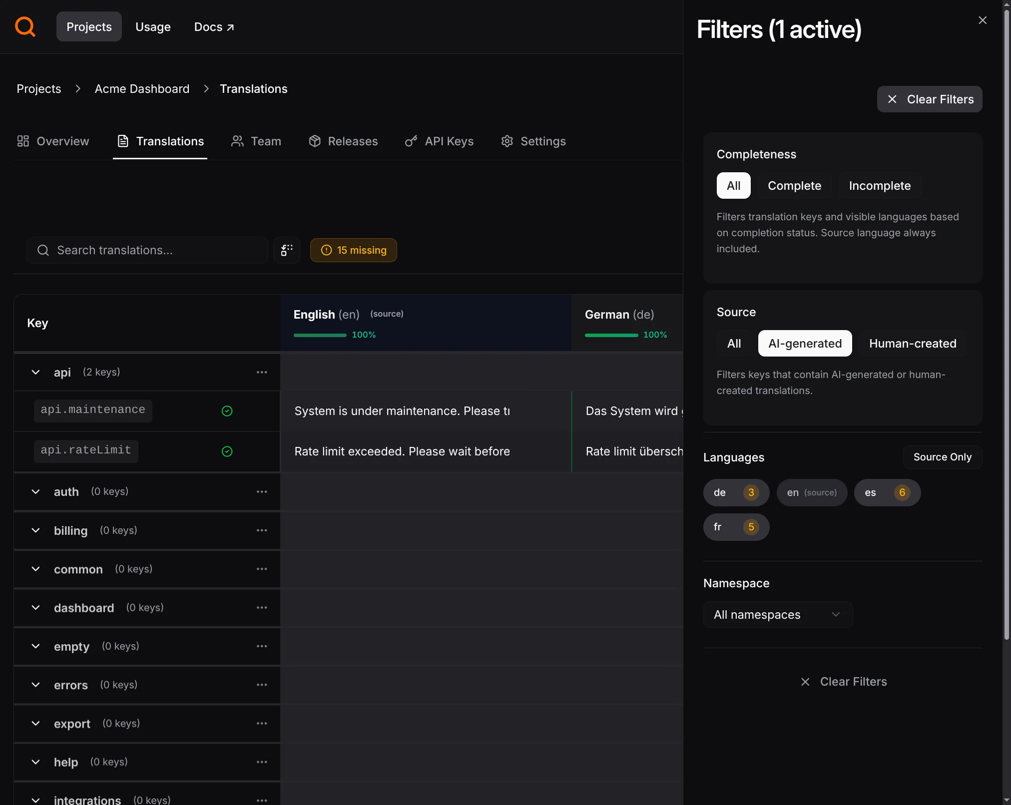 Filter drawer with AI-generated source filter selected