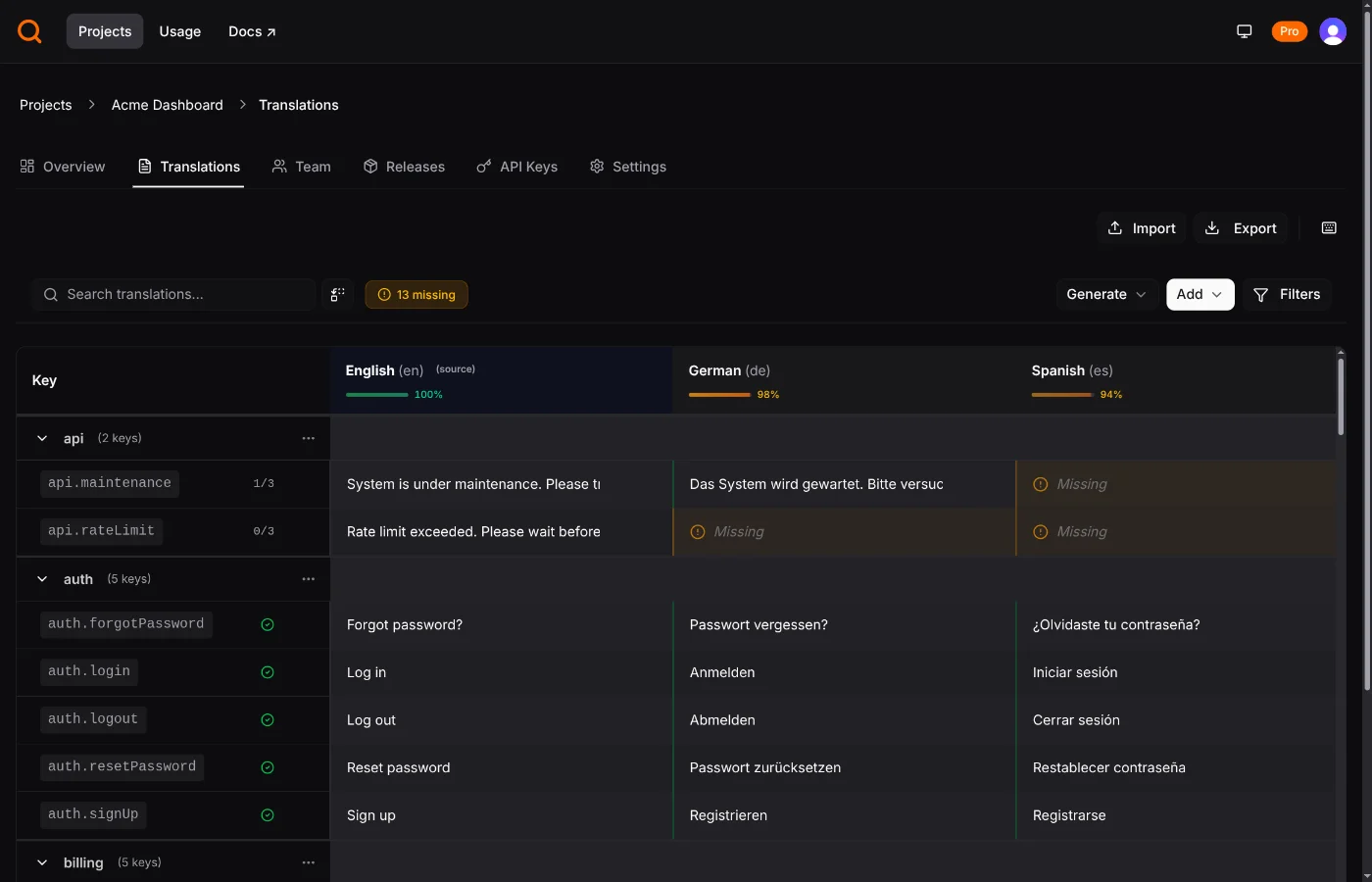 Translation matrix showing keys and locale columns